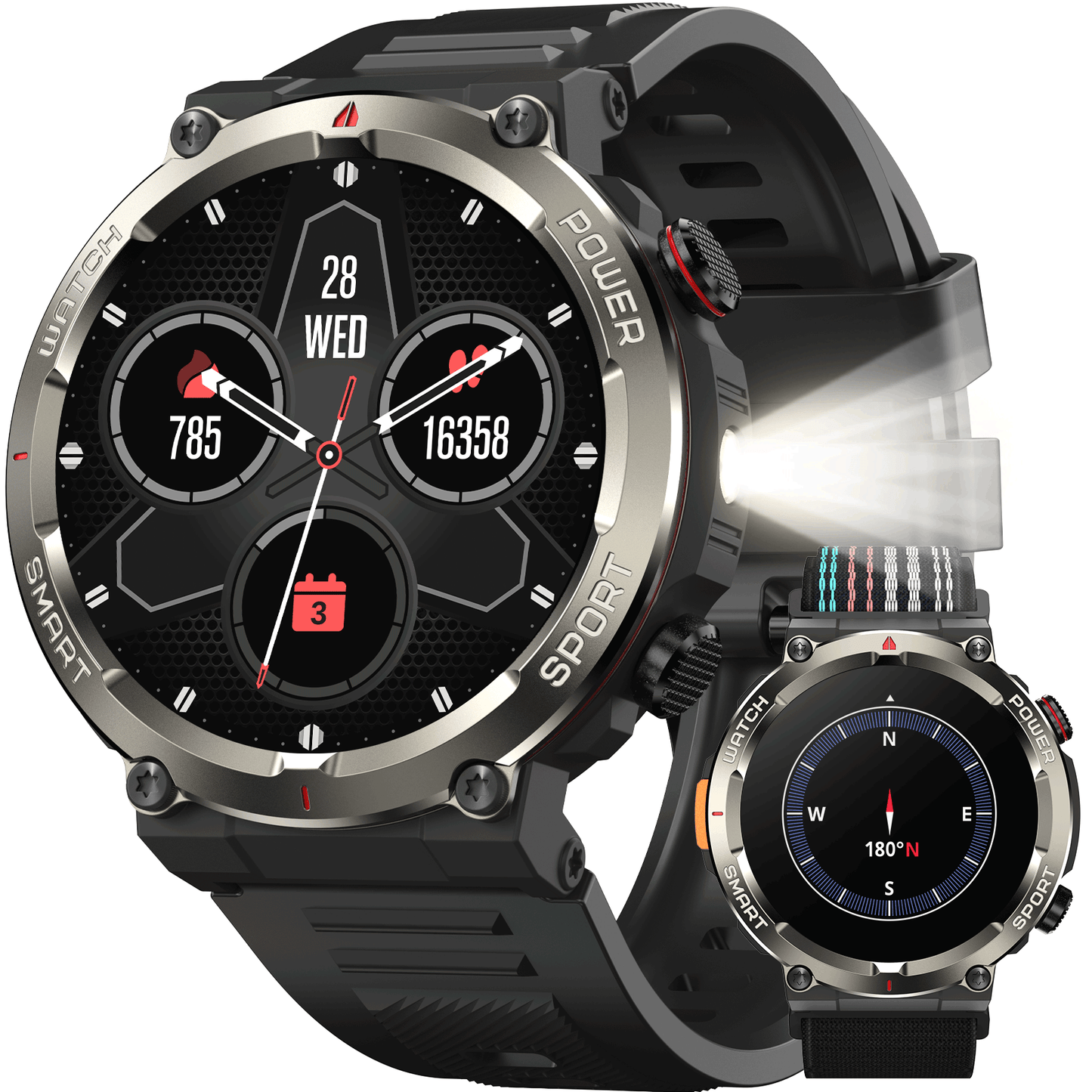 IOWODO W50PRO Militär-Smartwatch: 30-Tage-Akku, 1,45-Zoll-Bildschirm, Bluetooth-Anruf, Taschenlampe, Kompass, 120 Sportmodi, IP68 wasserdicht, Schwarz