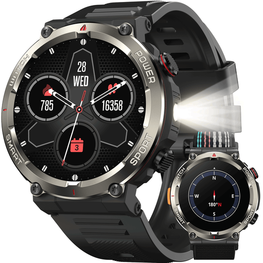 IOWODO W50PRO Military Smartwatch: 30-Day Battery, 1.45" Screen, Bluetooth Call, Flashlight, Compass, 120 Sports Modes, IP68 Waterproof, Black