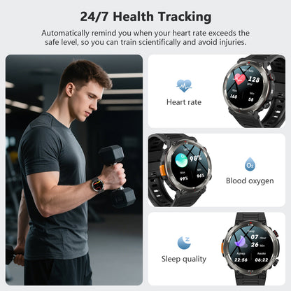 IOWODO W50PRO Militär-Smartwatch: 30-Tage-Akku, 1,45-Zoll-Bildschirm, Bluetooth-Anruf, Taschenlampe, Kompass, 120 Sportmodi, IP68 wasserdicht, Schwarz