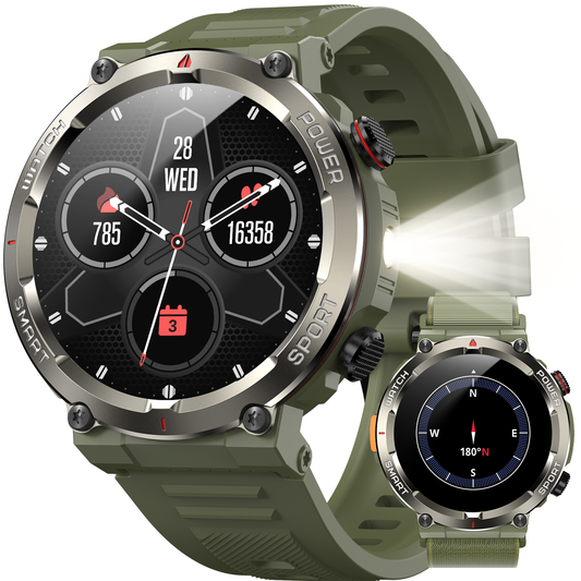 IOWODO W50PRO Militär-Smartwatch: 30-Tage-Akku, 1,45-Zoll-Bildschirm, Bluetooth-Anruf, Taschenlampe, Kompass, 120 Sportmodi, IP68 wasserdicht, Grün