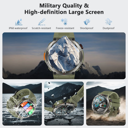 IOWODO W50PRO Militär-Smartwatch: 30-Tage-Akku, 1,45-Zoll-Bildschirm, Bluetooth-Anruf, Taschenlampe, Kompass, 120 Sportmodi, IP68 wasserdicht, Grün