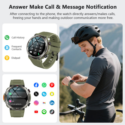 IOWODO W50PRO Militär-Smartwatch: 30-Tage-Akku, 1,45-Zoll-Bildschirm, Bluetooth-Anruf, Taschenlampe, Kompass, 120 Sportmodi, IP68 wasserdicht, Grün