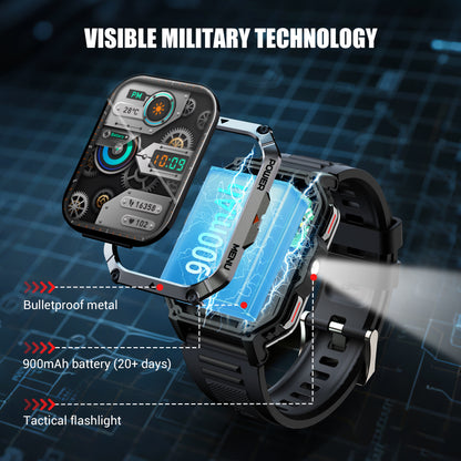 IOWODO W70PRO Titanium Military Smartwatch: 2.01" Screen, 900mAh Battery (100 Days), Bluetooth Calls, Flashlight/Compass, IP68, 123 Sports Modes,Black