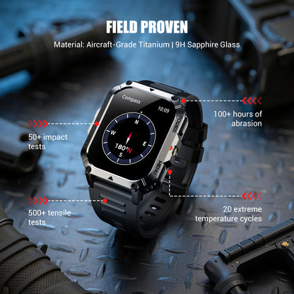IOWODO W70PRO Titanium Military Smartwatch: 2.01" Screen, 900mAh Battery (100 Days), Bluetooth Calls, Flashlight/Compass, IP68, 123 Sports Modes,Black