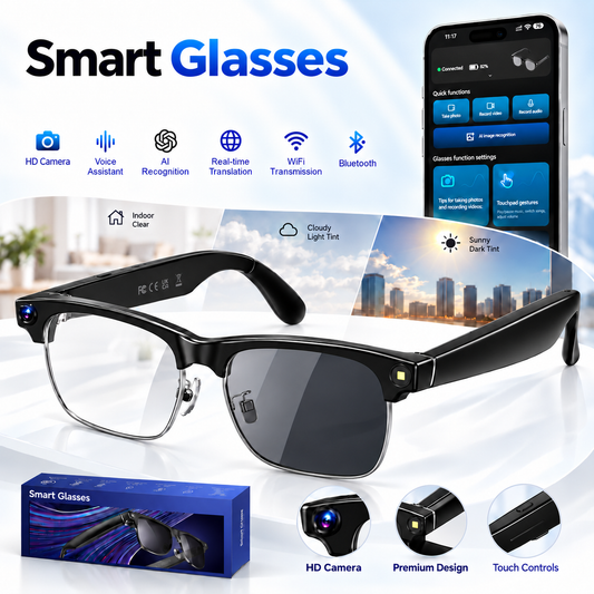 IOWODO AI Smart Glasses with 1080P Camera & Polarized Lenses, Built-in Voice Assistant, Real-Time Translation, Photo/Video Recording - Compatible with ChatGPT (Photochromic lenses)