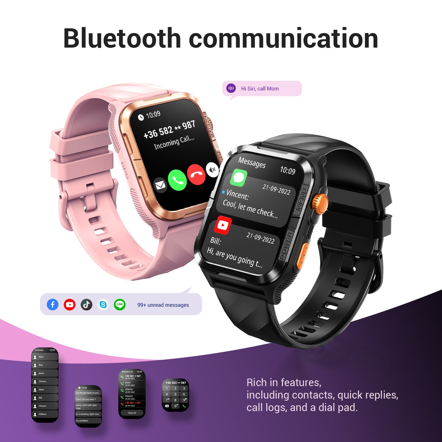 Montre connectée militaire IOWODO W60 : grand écran 2,01 pouces, autonomie de 100 jours, appels Bluetooth, lampe torche/boussole, plus de 100 modes sportifs, IP68 (2 bracelets), noir