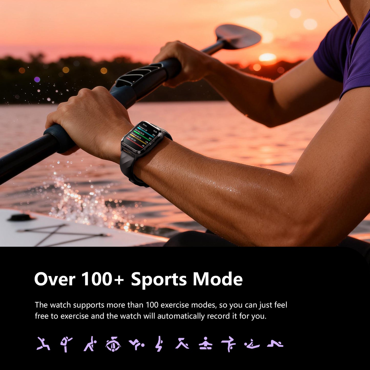 Montre connectée militaire IOWODO W60 : grand écran 2,01 pouces, autonomie de 100 jours, appels Bluetooth, lampe torche/boussole, plus de 100 modes sportifs, IP68 (2 bracelets), noir