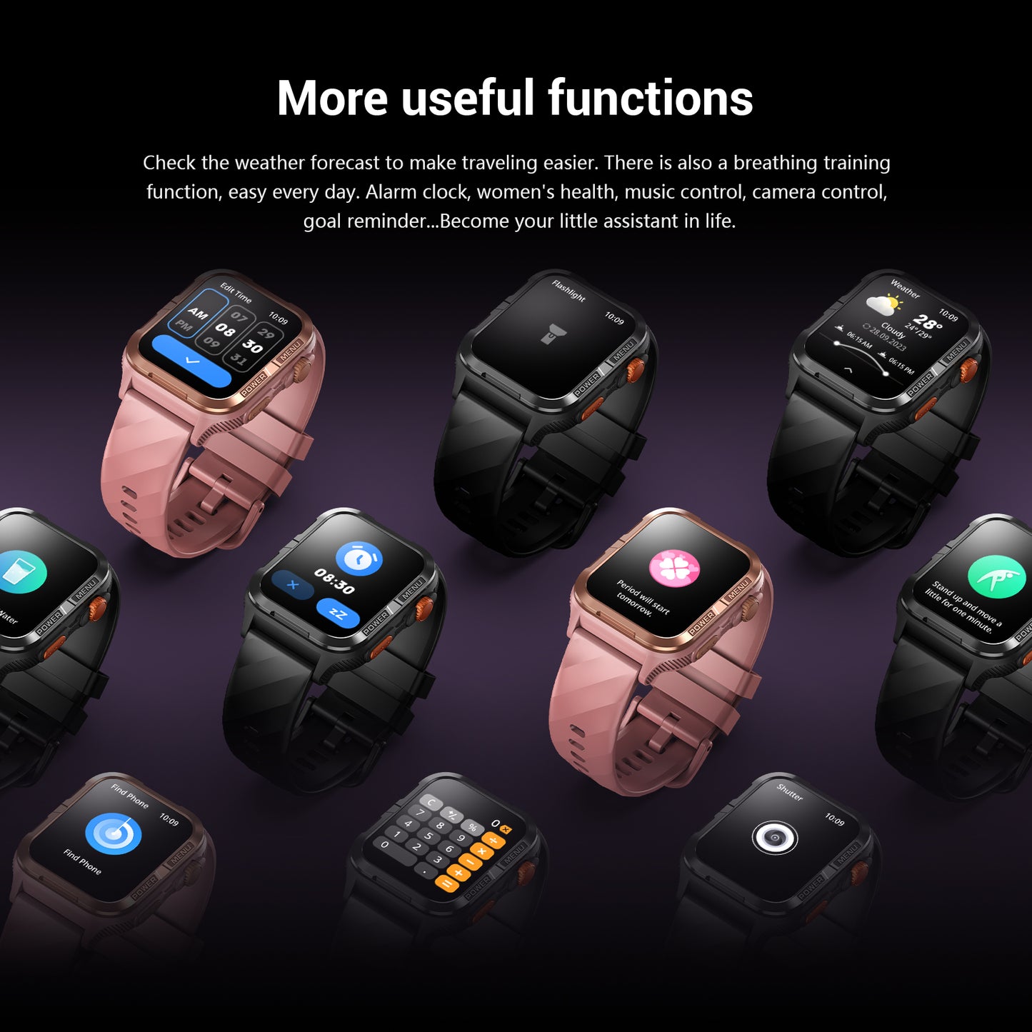 Montre connectée militaire IOWODO W60 : grand écran 2,01 pouces, autonomie de 100 jours, appels Bluetooth, lampe torche/boussole, plus de 100 modes sportifs, IP68 (2 bracelets), noir