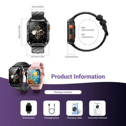 Montre connectée militaire IOWODO W60 : grand écran 2,01 pouces, autonomie de 100 jours, appels Bluetooth, lampe torche/boussole, plus de 100 modes sportifs, IP68 (2 bracelets), noir