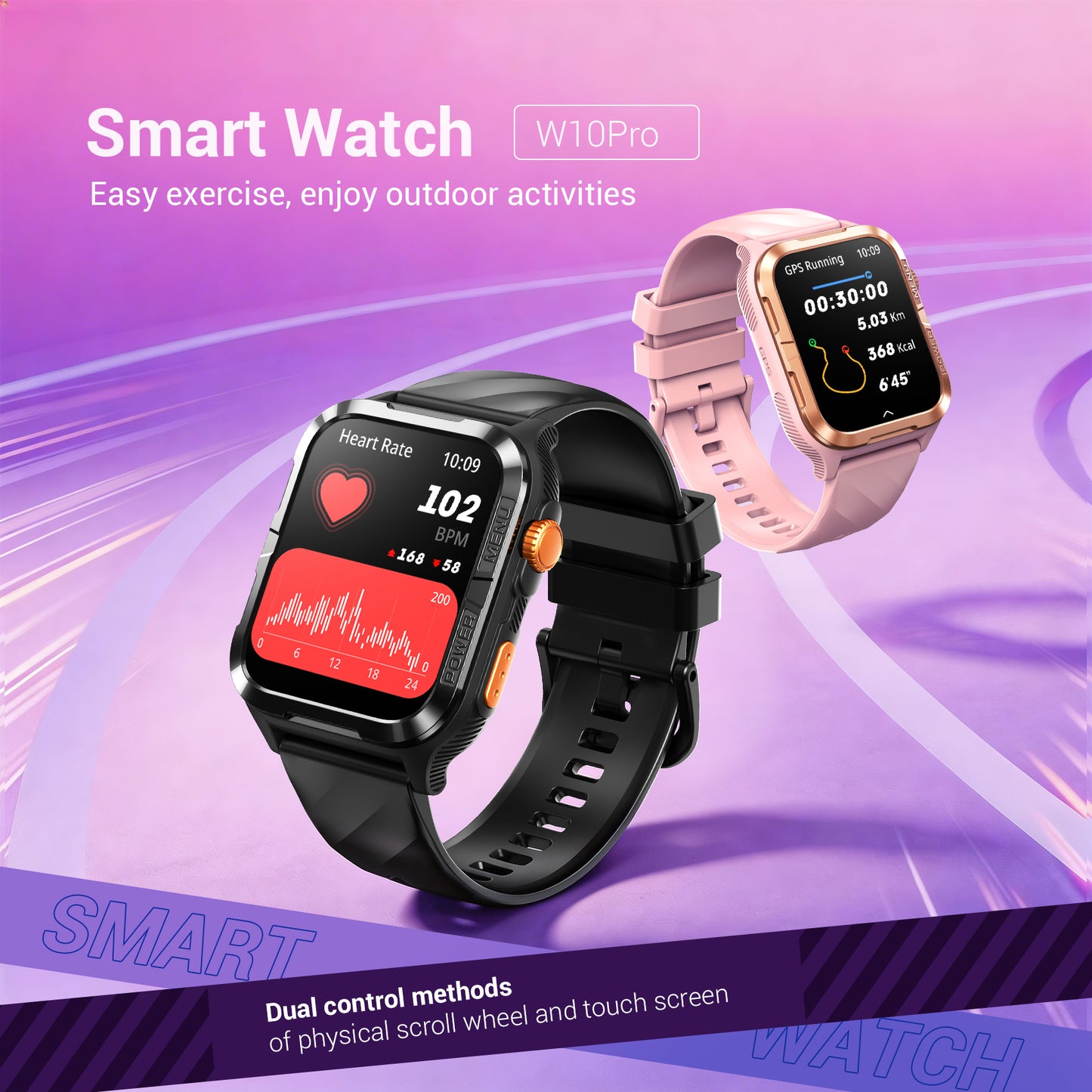Montre connectée militaire IOWODO W60 : grand écran 2,01 pouces, autonomie de 100 jours, appels Bluetooth, lampe torche/boussole, plus de 100 modes sportifs, IP68 (2 bracelets), noir