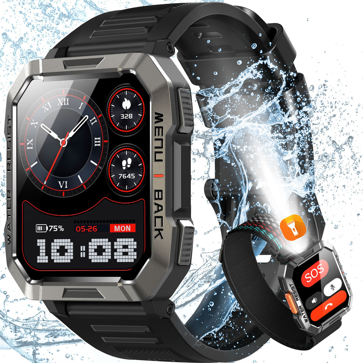 IOWODO Rugged Smart Watch for Men, 2.01" HD Display Bluetooth Calling Smartwatch with 900mAh Battery, Flashlight, Compass, 100+ Sports Modes, Metal Design Watch for Android iPhone