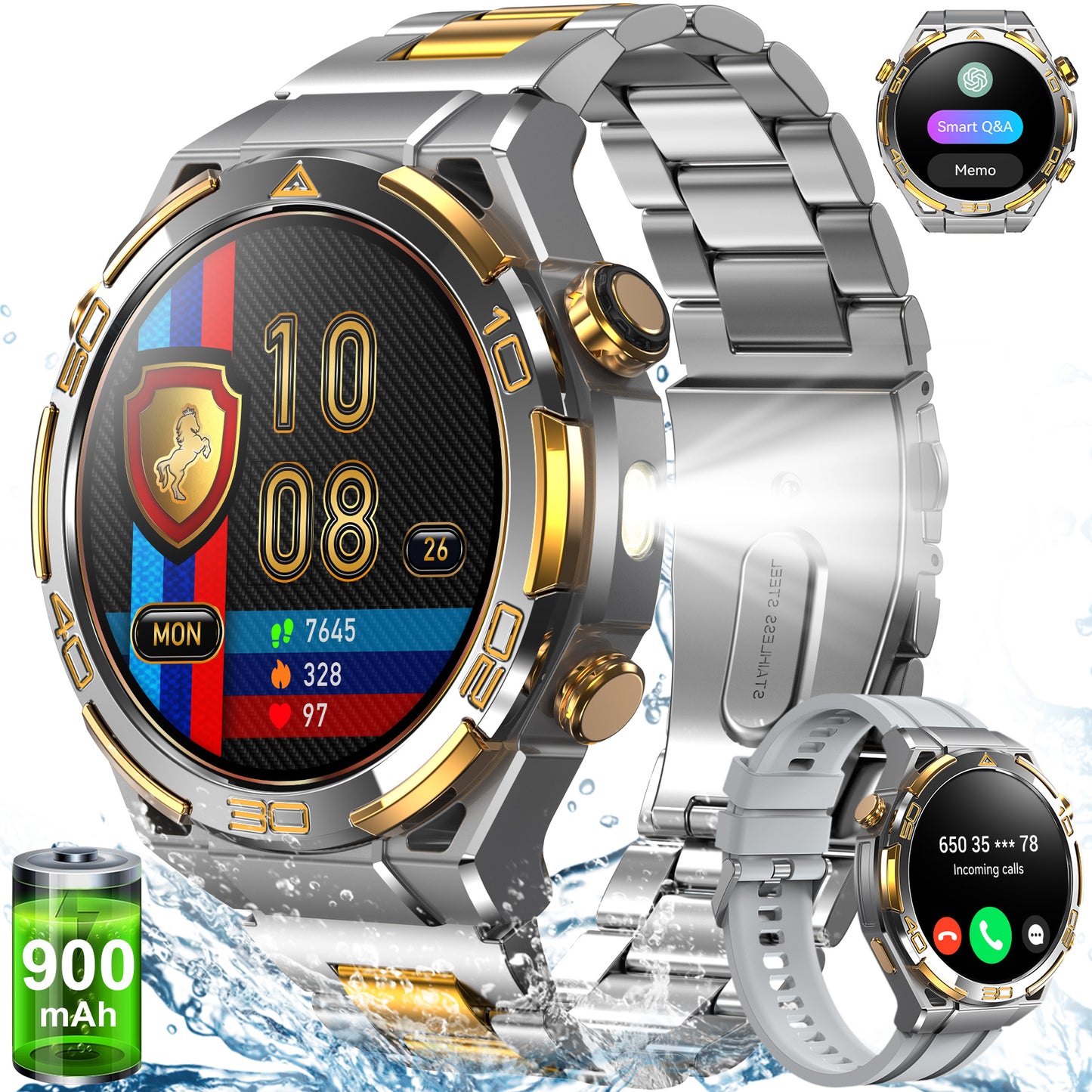 IOWODO Smart Watch for Men, 1.43" AMOLED Bluetooth Call & Answer, Fitness Tracker, 100+ Sport Modes, 900mAh, 1ATM Waterproof Compatible with Android iOS (Sliver)
