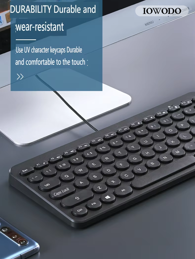 IOWODO Retro Round Keycap Wired Keyboard – Ultra-Slim, Quiet & Universal Compatibility for Office & Home