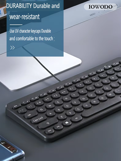 IOWODO Retro Round Keycap Wired Keyboard – Ultra-Slim, Quiet & Universal Compatibility for Office & Home
